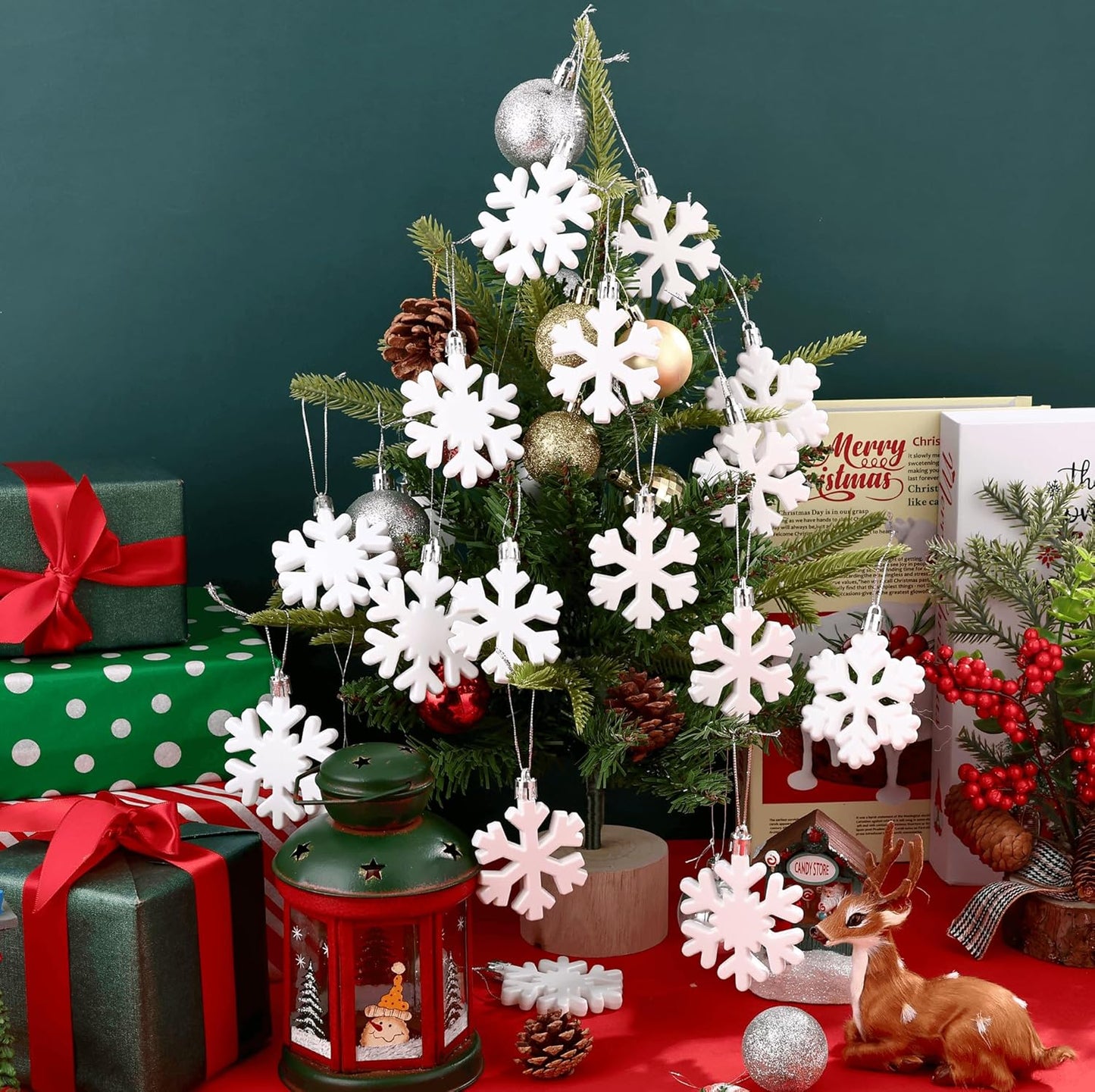 Skiennix 24 Pcs Snowflake Hanging Ornaments - White Plastic Decorations for Christmas Trees & Winter Decor