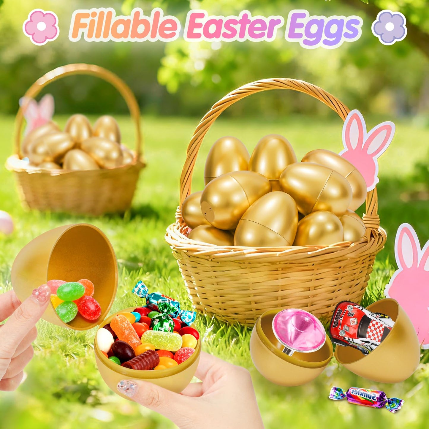 SevenQ Golden Plastic Easter Eggs Empty 36Pcs 3.15" Fillable Easter Basket Stuffers Fidget Toy Easter Gifts for Kids Party Favors Pinata Treasure Box Candy Goodie Bags Fillers Egg Hunt Essentials