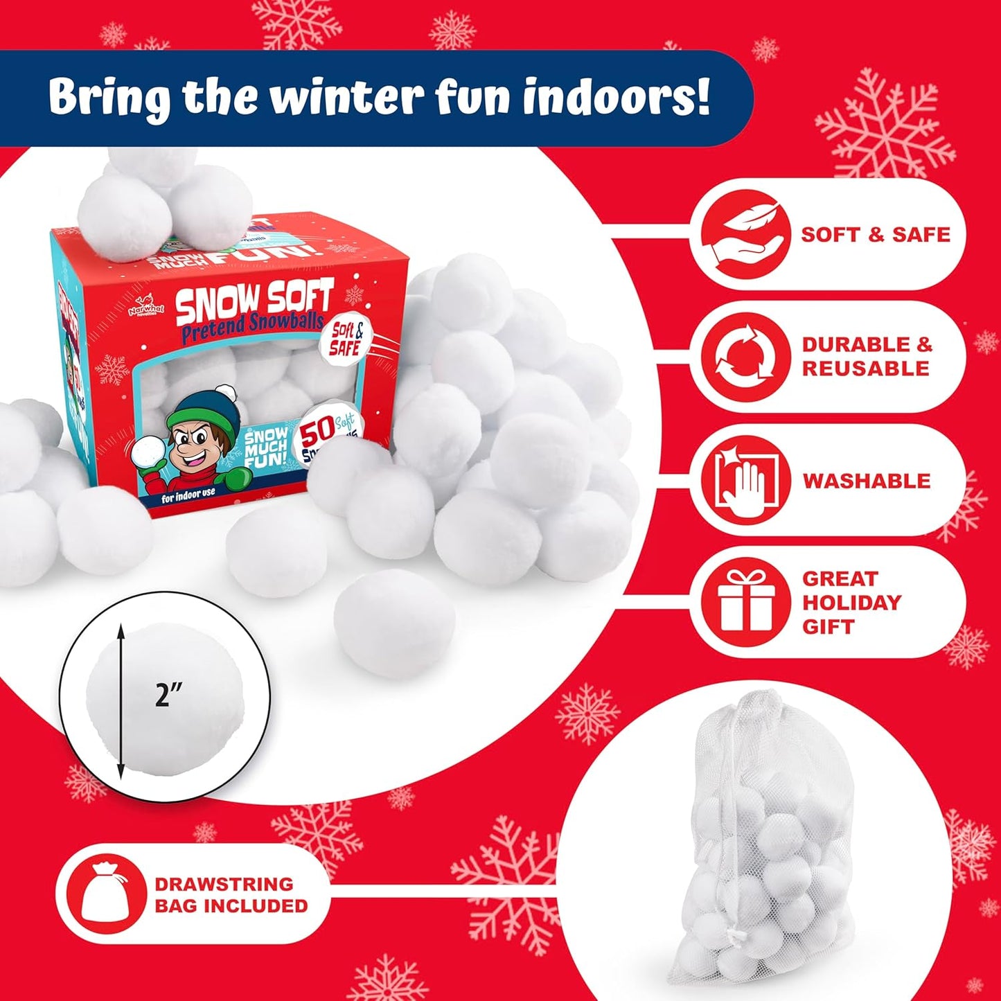Narwhal Novelties 50 Pack Fun Fake Snowballs - 2-Inch Artificial Snowballs for Indoor/Outdoor Play & Winter Activities