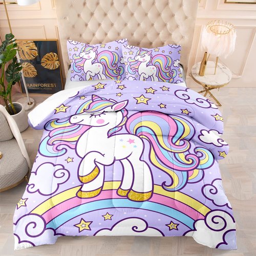 Axolotl Rainbow Unicorn Bedding Set Full,Purple Unicorn Kids Comforter Sets with Stars Cloud for Girls,1 Quilt with 2 Pillowcases for Girls Kids Teens Children Adults Bedroom Decor All Season