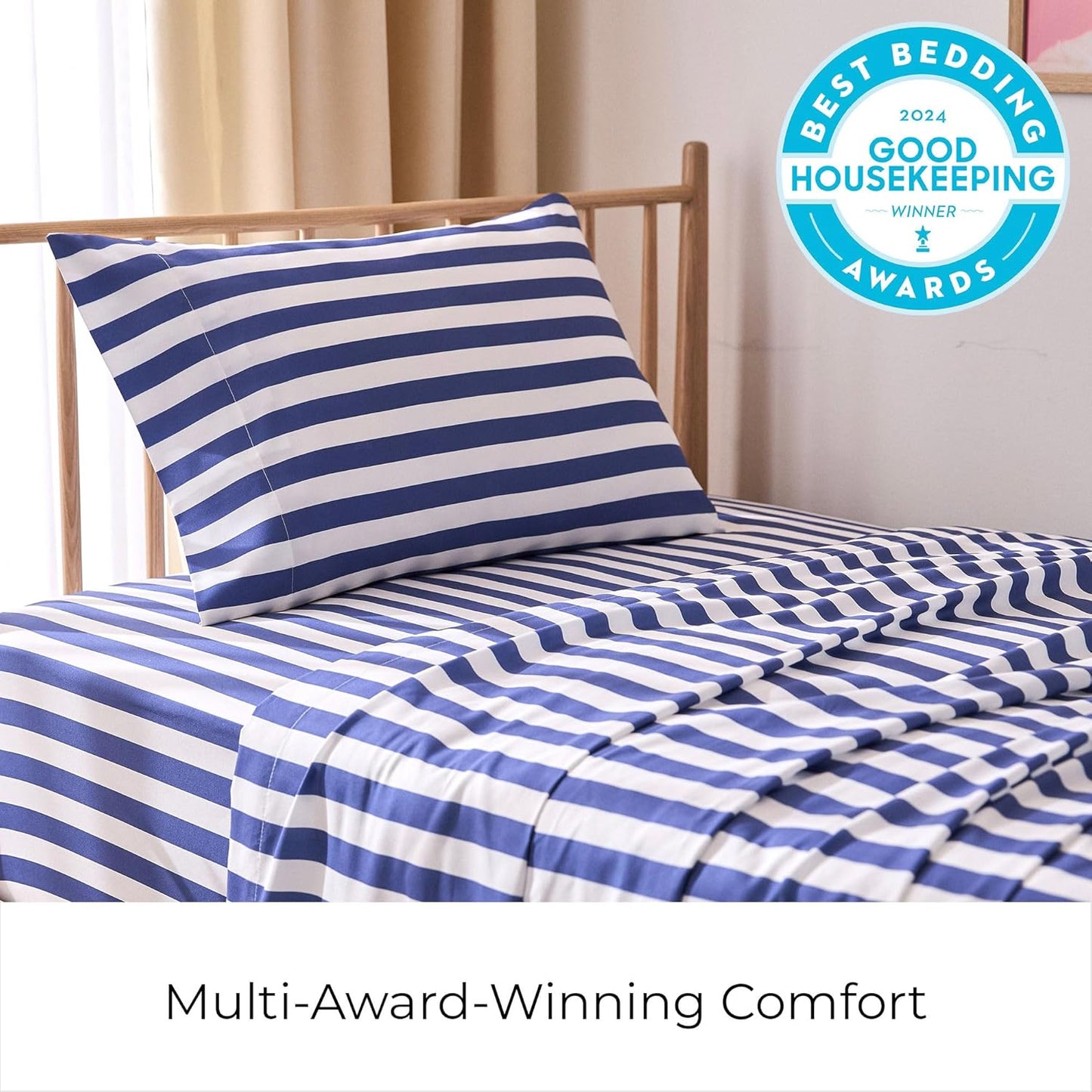 Mellanni Twin Sheets Set - 3 PC Hotel Luxury Bedding | Extra Soft, Cooling, Wrinkle-Resistant (Oxford Stripe Blue Nova)