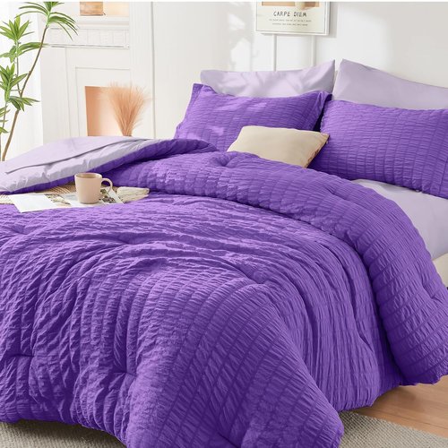 HYMOKEGE California King Comforter Set - Dark Purple & Lavender Seersucker | 7-Piece All-Season Luxury Bedding Set