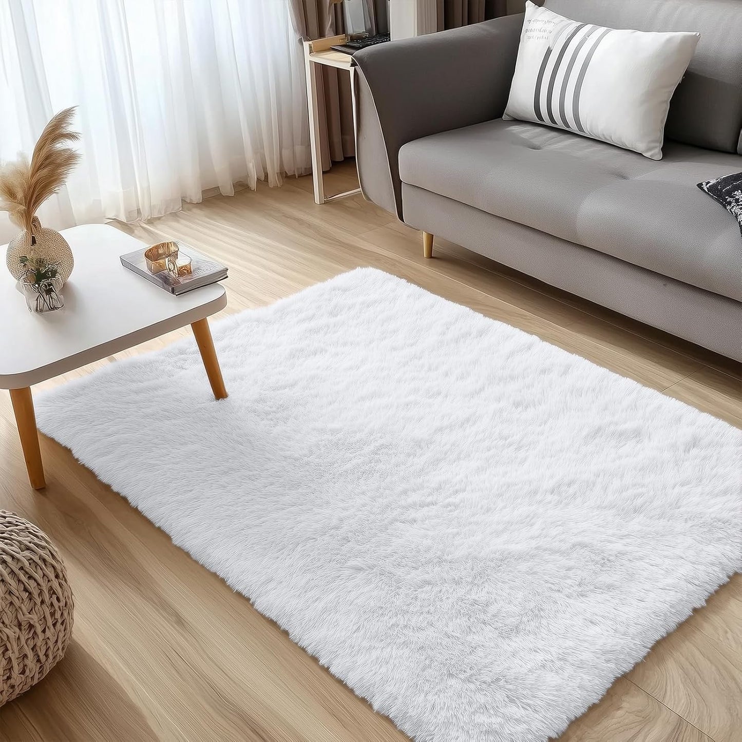 OLANLY Soft Fluffy Shaggy Area Rug - 4x5 Machine Washable Accent Rug for Bedroom & Living Room | White