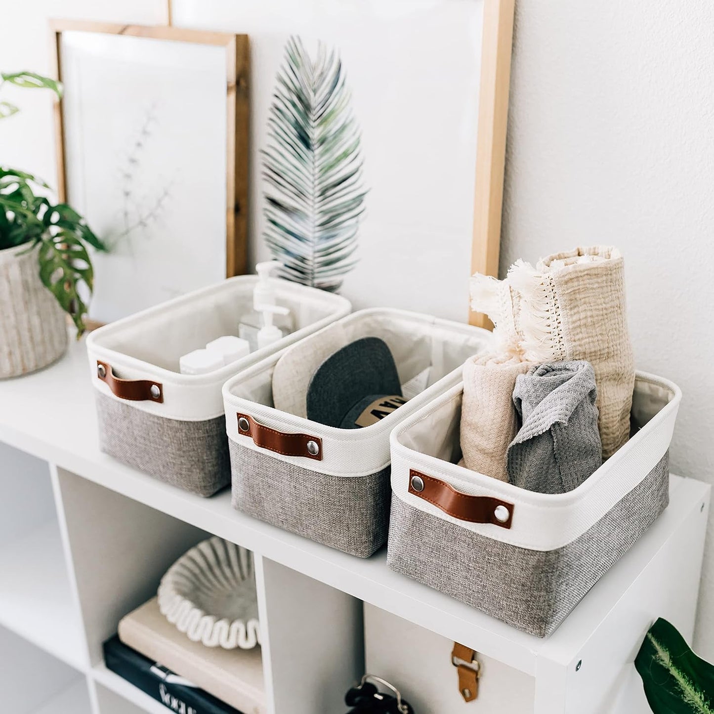 OrganiHaus Small Fabric Storage Baskets - 3 Pack Cloth Bins for Organizing | 12x8in Gray/Off-White