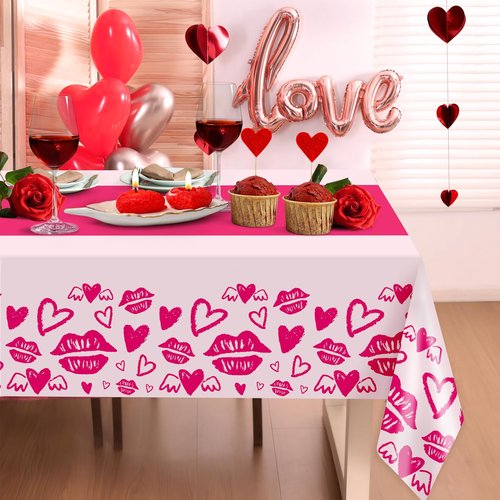 Childom 2 Pcs Valentines Day Tablecloths for Valentines Day Decorations,54" x 108" Disposable Plastic Tablecloths,Rectangle Lip Table Cover for Party Decorations Mothers Day Anniversary Birthday