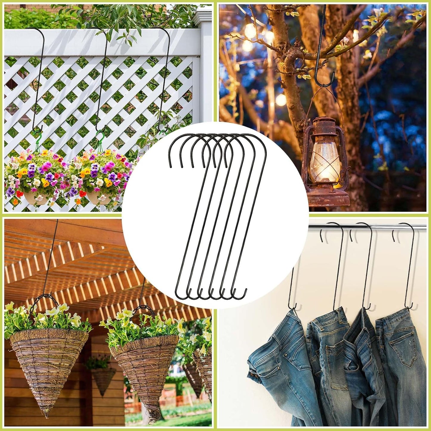 Skiennix 24-Inch Large Tree Branch Hooks - Durable Metal S Hooks for Hanging Plants & Bird Feeders | 8 Pack (Black)