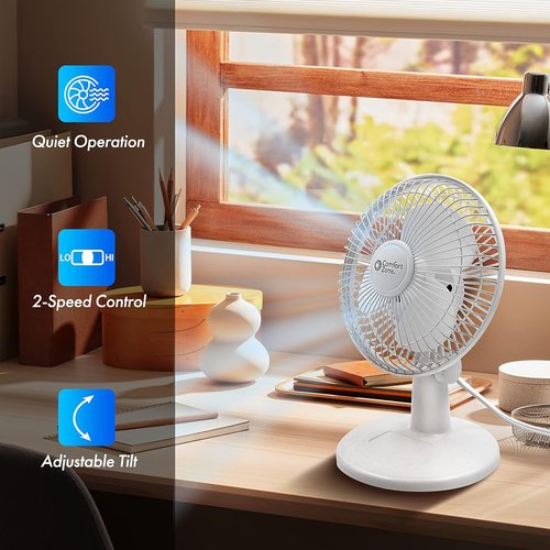 Comfort Zone CZ6D 6" Quiet Portable Desk Fan - 2-Speed Adjustable Clip Fan in White