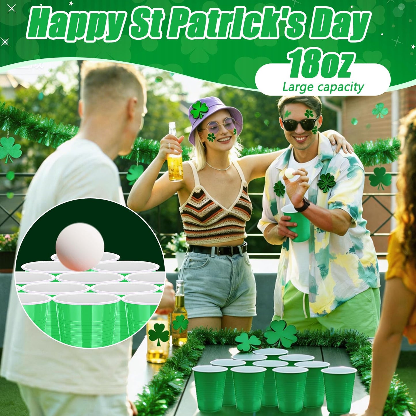 Dualshine 100 Pack Green Plastic Cups 18 oz, Disposable Heavy Duty Drinking Cups for St Patrick's Day, Graduation Cup for Christmas Wedding Birthday Beer Taste Serving Snack Sample Tastings Barbecues