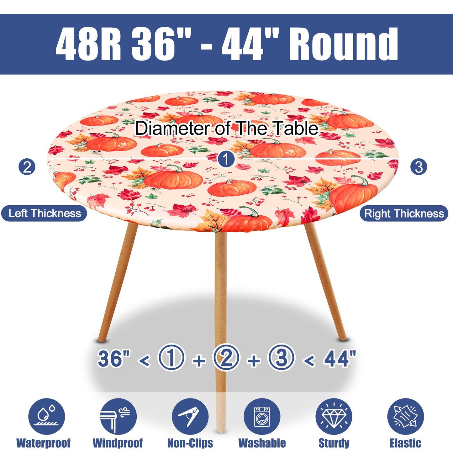 Moosfor Round Spandex Thanksgiving Tablecloth, Elastic Fitted Waterproof Tablecloths for 36"-44" Tables, Stretch Washable Picnic Table Cover for Autumn Harvest Parties, Pumpkin Leaf