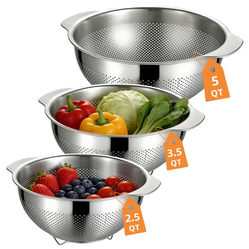 Colanders & Food Strainers,304 Stainless Steel Colander,3 Pcs Kitchen Strainers(2.5QT, 3.5QT, 5QT) for Pasta, Rice, Vegetables,Dishwasher Safe Metal Colander with Handles,Kitchen Gift