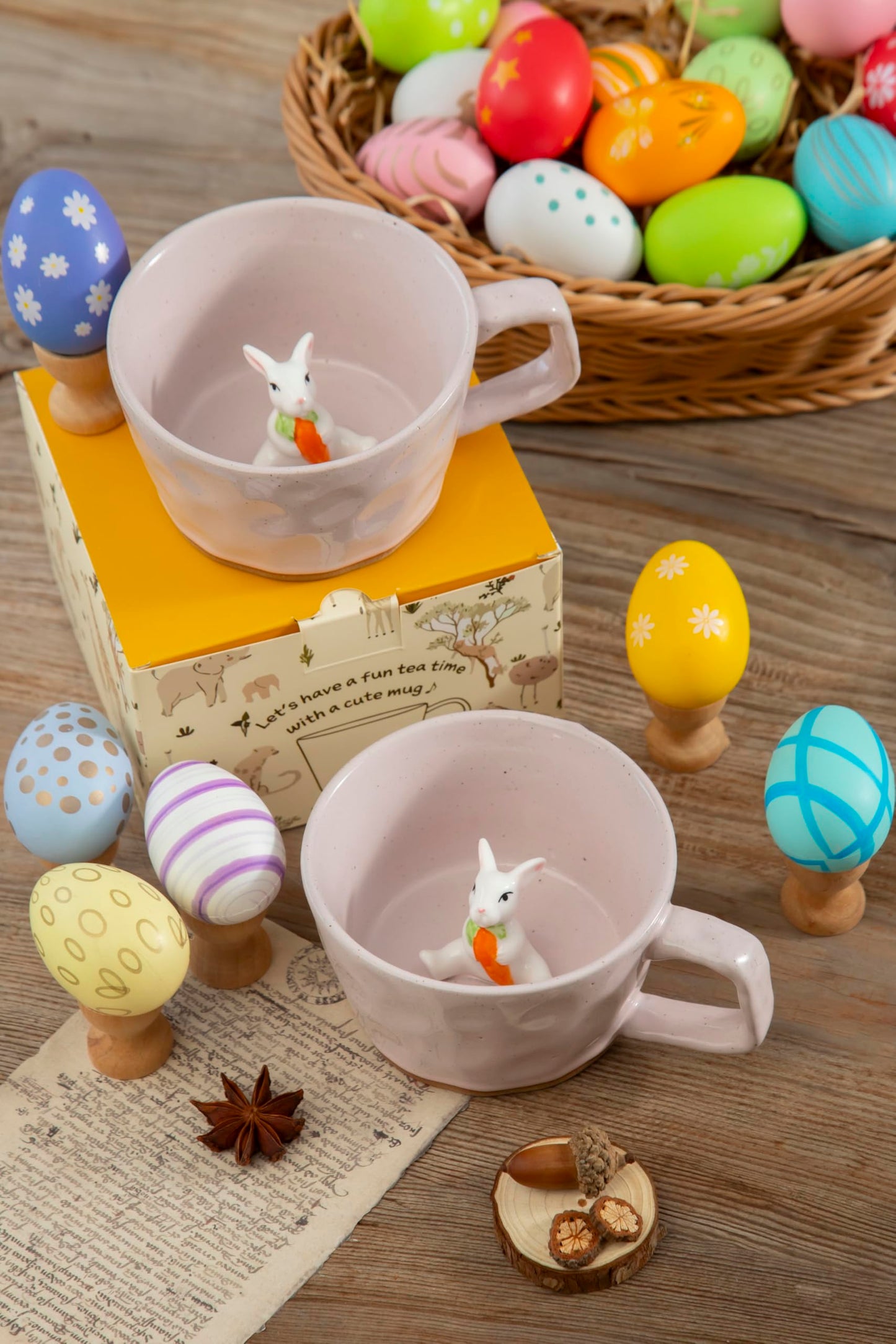 DIHOclub Farmhouse Ceramic Coffee Mug with Rabbit Figurine – Rustic Stoneware Cup, Matte Finish, Ideal for Breakfast & Home Decor (Pink Rabbit)