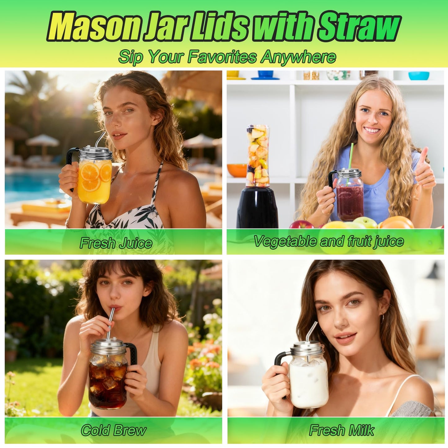 Palksky Mason Jar Lids with Straw Hole Wide Mouth, Stainless Steel Drinking Lid with Handle & Silicone Rings, Spill-Resistant Mason Jar Straw Lid for Iced Coffee, Juice, Lemonade (2 Packs)