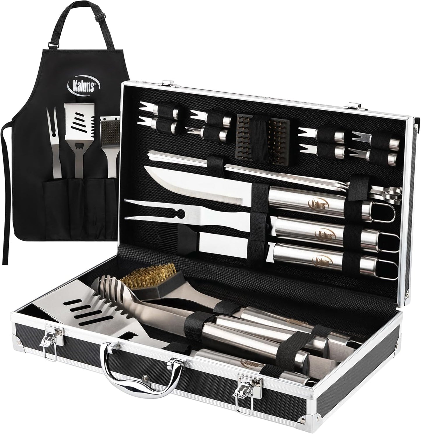 Kaluns BBQ Tool Set - Heavy Duty Stainless Steel Grilling Accessories with Apron & Case | Perfect Gift for Dad
