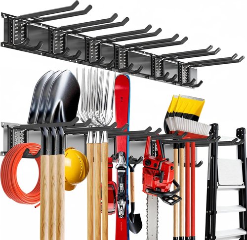 Garage Tool Organizer by [Brand Name] - 48-Inch Heavy-Duty Wall Mount Storage System with 6 Adjustable Hooks for Yard Tools