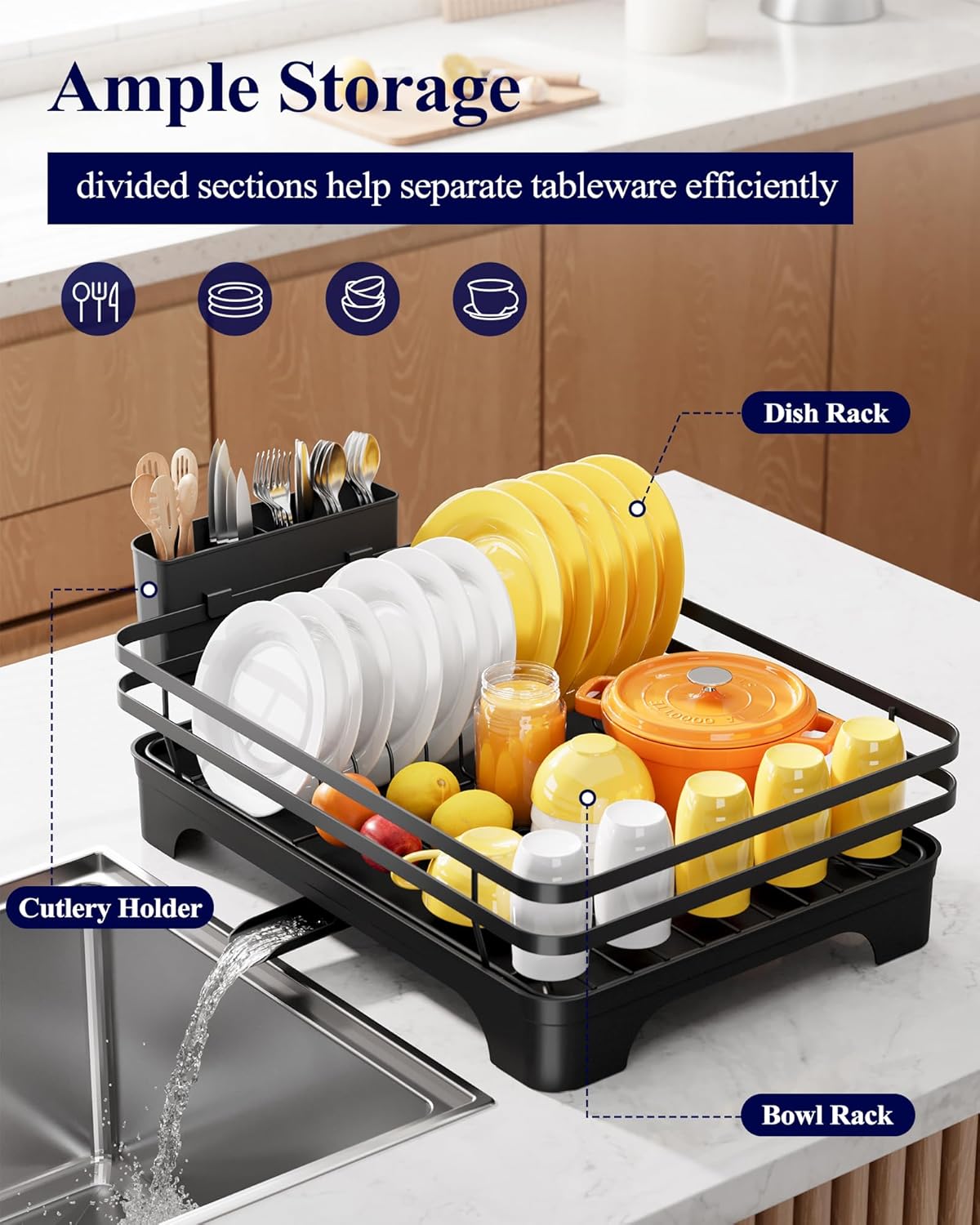 Kitsure Dish Drying Rack - Multi-Functional Kitchen Counter Rack with Cutlery Holder | Rust-Proof, 15.7" x 12" x 5.5", Black