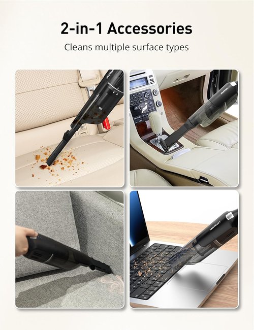 Aspiron Cordless Handheld Vacuum - 24KPA Powerful Car Vacuum with 2-Speed Settings | Portable & Ergonomic Design, Black Silver