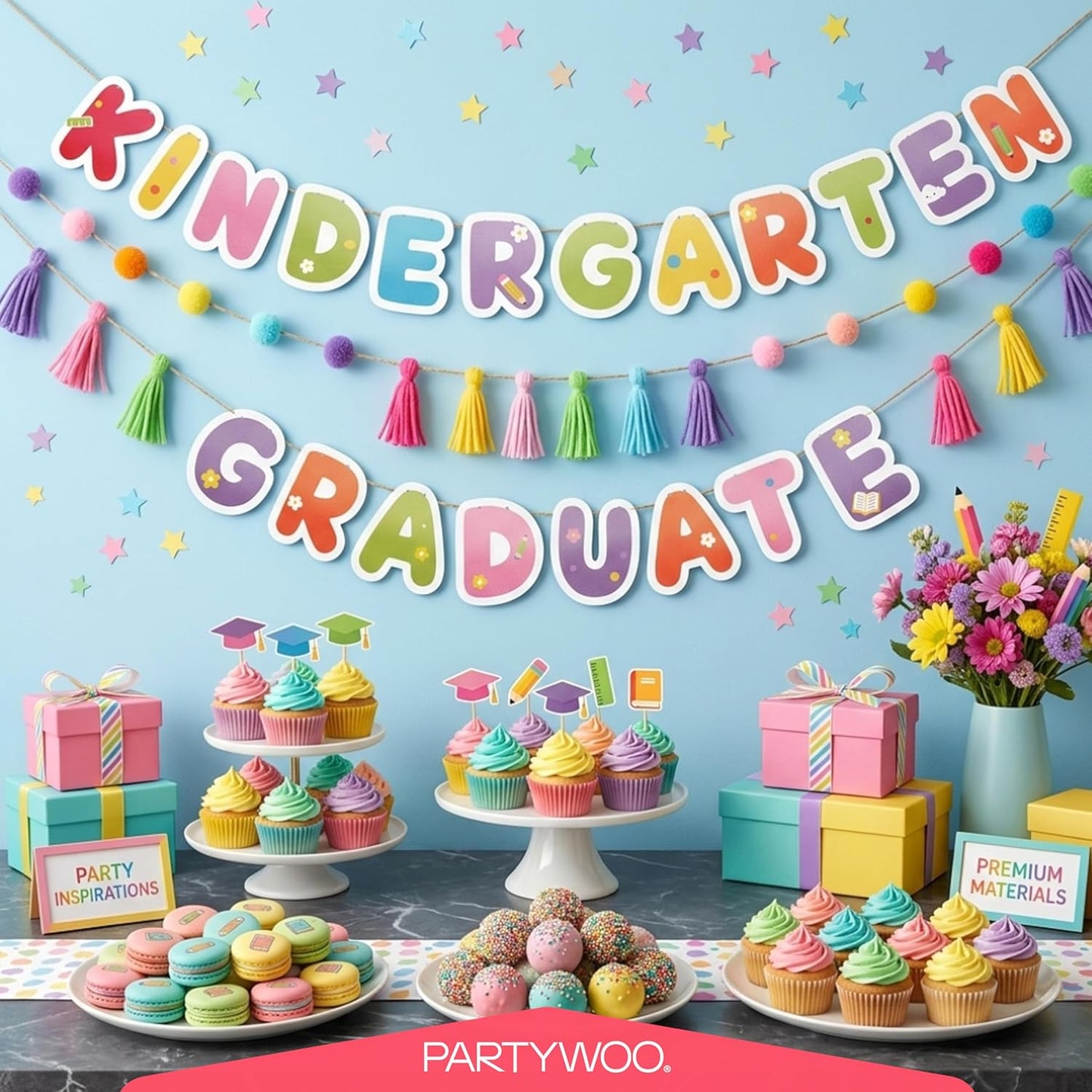 PartyWoo Graduation Decorations - 40pcs Colorful Rainbow Grad Party Supplies | Congrats Grad Banner & Balloons