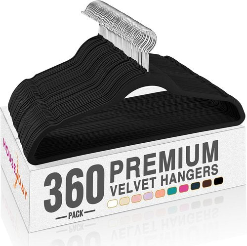 HOUSE DAY Black Velvet Hangers - Premium Non-Slip Felt Clothes Hangers, 360 Pack, Heavy Duty & Space Saving