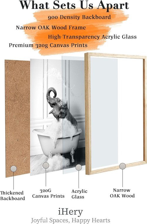 iHery Natural Oak Wood Framed Wall Art - Funny Elephant Bathing Canvas Print | 12x16 Inch Black and White Decor