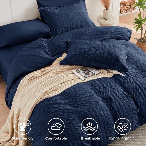 HYMOKEGE Twin Comforter Set - Navy Blue Seersucker 5-Piece Luxury Bedding Set | All-Season Comfort