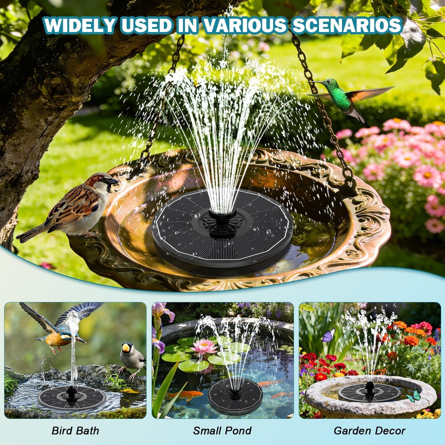 SZMP Solar Fountain - Outdoor Bird Bath Water Pump with 3.5W Black Glass Panel & 2000mAh Battery