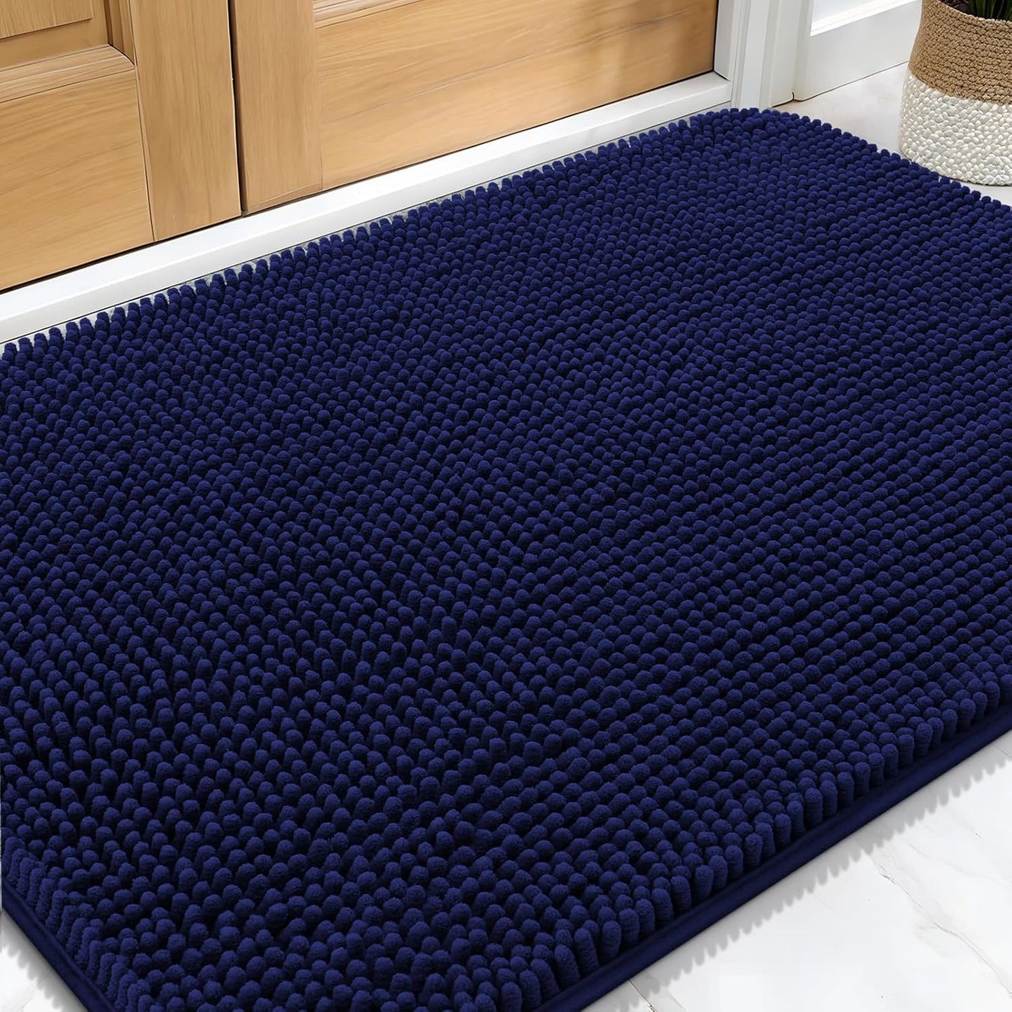 OLANLY Dog Door Mat - Absorbent Non-Slip Chenille Mat for Muddy Paws | 30x20, Navy Blue