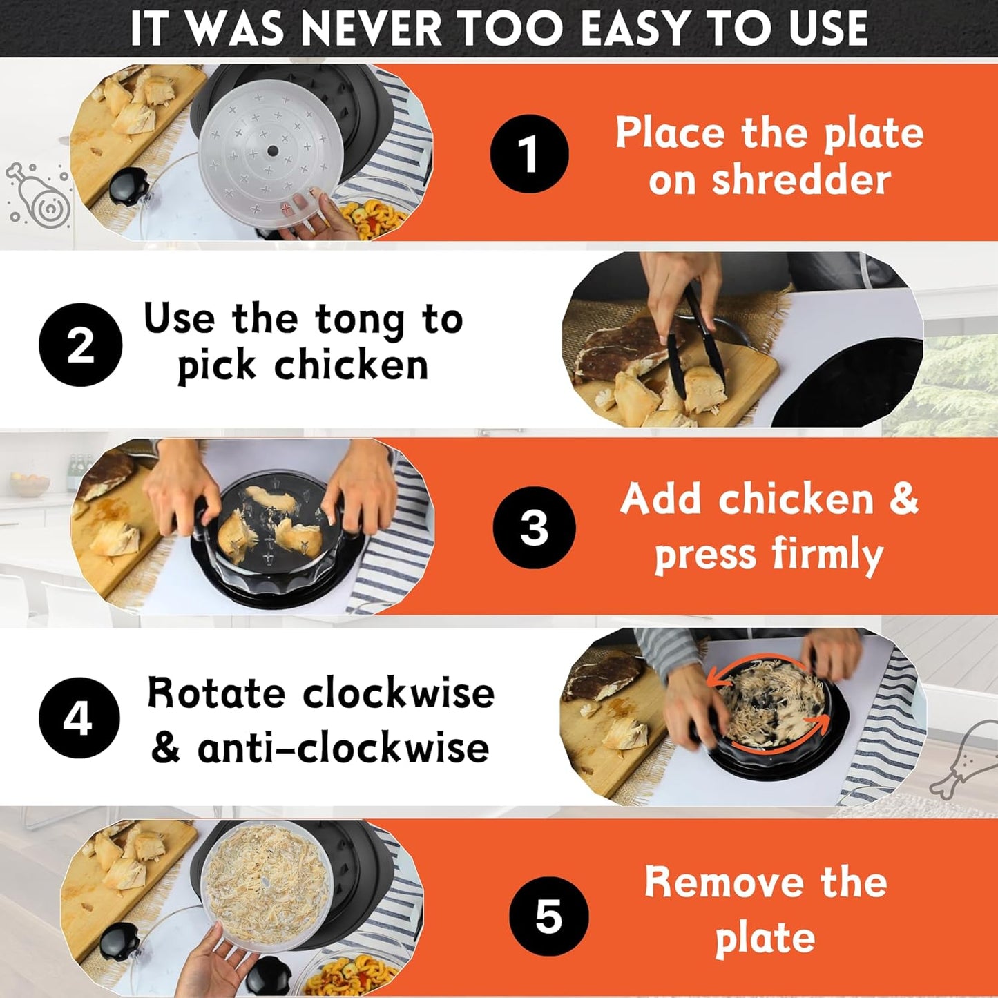 Skiennix Chicken Shredder Tool - Large 3-Layer Non-Slip Meat Shredder with Removable Tray | Dishwasher Safe & Heat Resistant (Black)