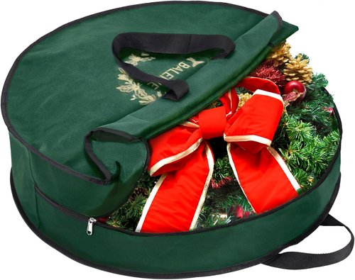 BALEINE Wreath Storage Bag - Reinforced Handle for Holiday Decor | Green, 30" x 8" Size