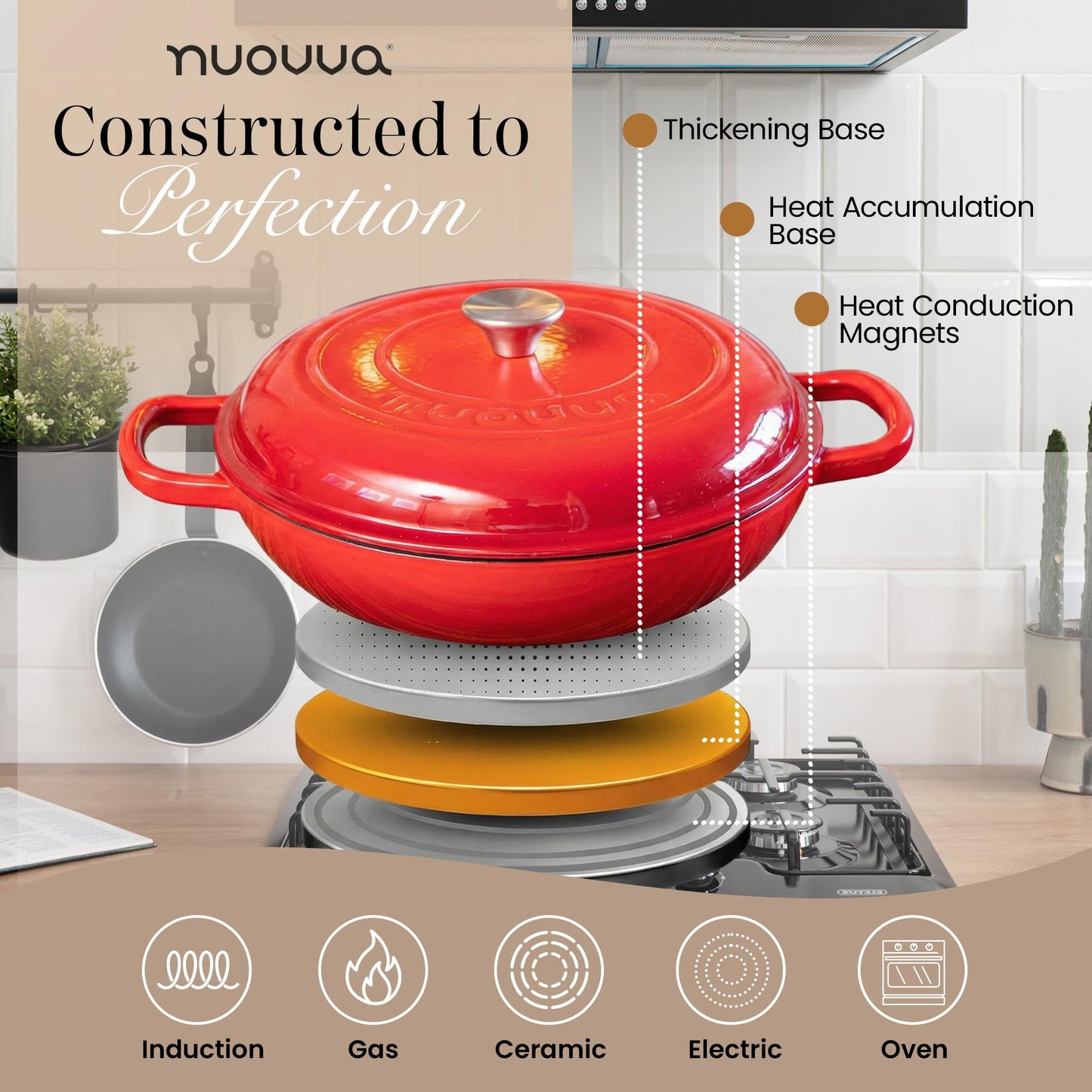 Shallow Cast Iron Casserole with Lid – Non Stick Dutch Oven Pot, Oven Safe up to 500° F – Sturdy Ovenproof Stockpot Cookware – Enamelled Cooking Pot – Red, 5-Quart, 32cm – by Nuovva