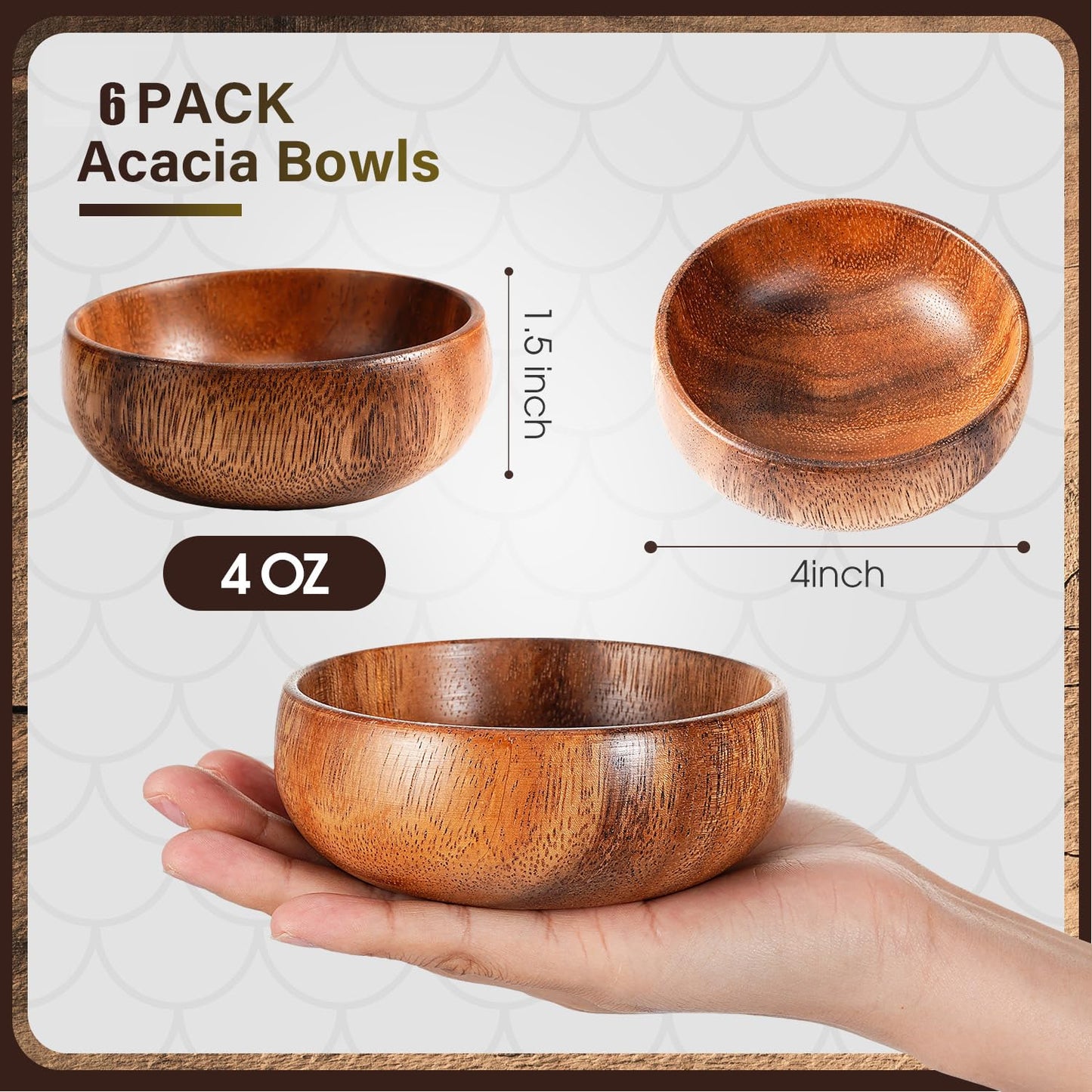 Skylety 6 Pcs Acacia Wooden Bowls Small Calabash Bowls Round Wood Salad Hand Carved Calabash Dip Tray for Serving Popcorn Pasta Coconut Nuts Sauce Appetizers Home Kitchen (4 Inch)