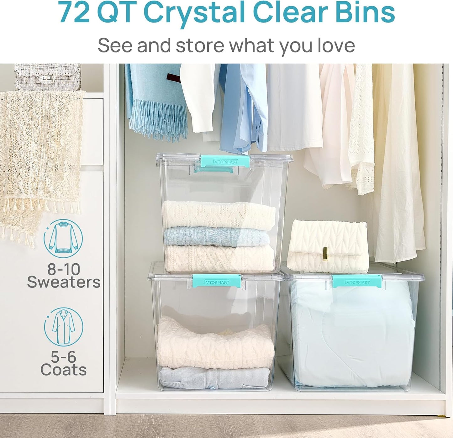 Vtopmart 72 QT Crystal Clear Storage Bins - 2 Pack with Lids | Stackable Plastic Totes for Organizing Clothes and Bedding