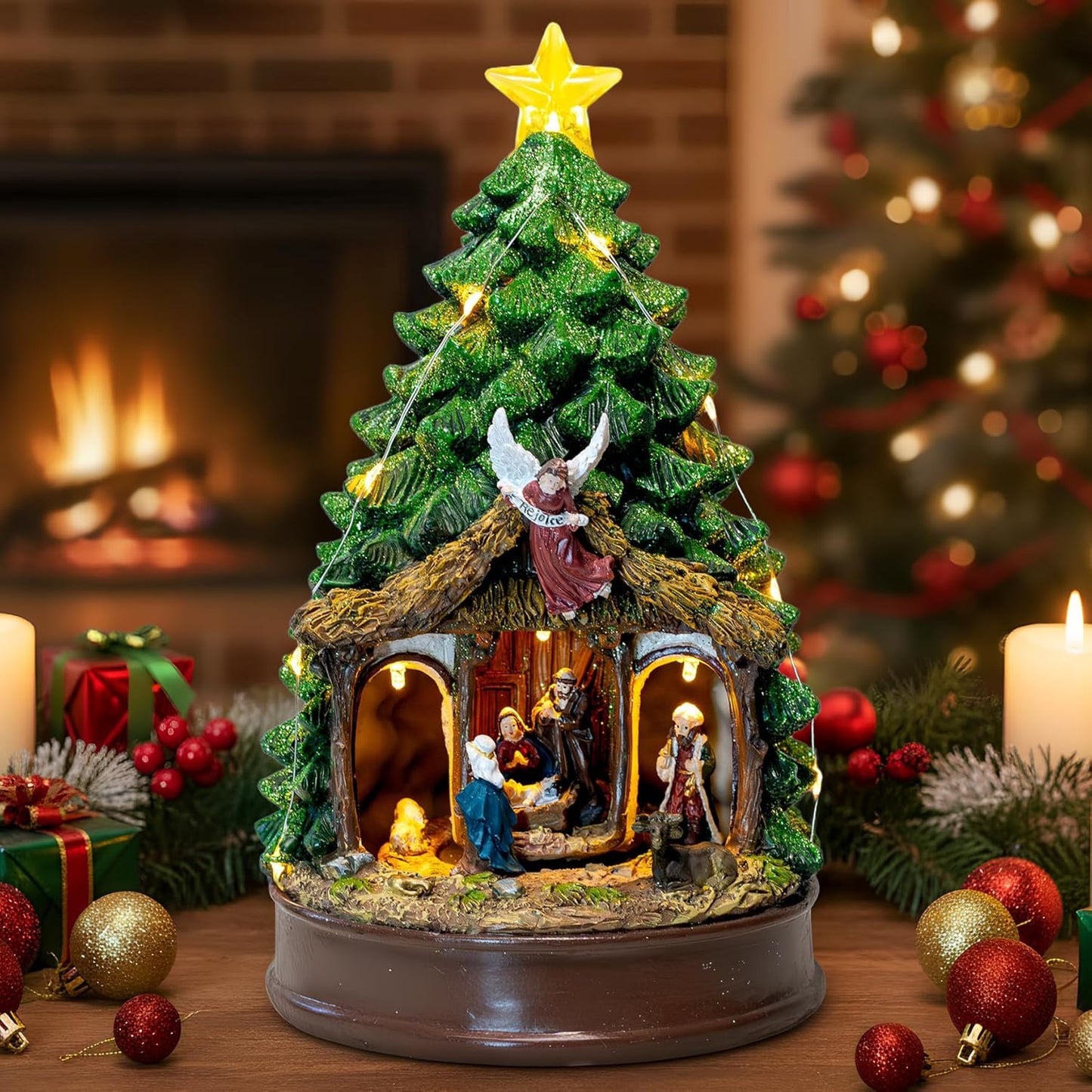 Regine Switzerland Christmas Tree Nativity Scene - Animated Adoration of The Magi with LED Lights & Music | Festive Home Decor
