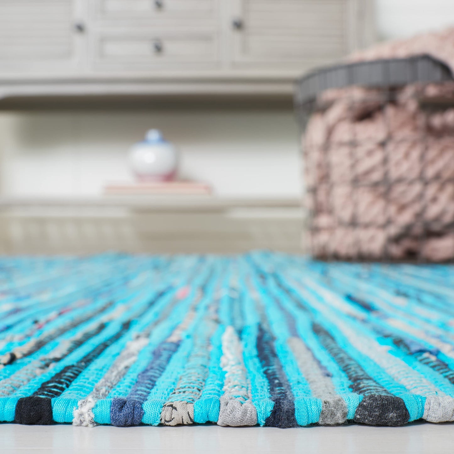 SAFAVIEH Rag Rug Collection 6' Square Turquoise / Multi RAR125C Handmade Boho Stripe Cotton Area Rug