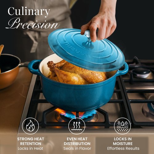 Cast Iron Dutch Oven with Lid – Non-Stick Ovenproof Enamelled Casserole Pot – Sturdy Dutch Oven Cookware – Blue, 3.1-Quart, 22cm – by Nuovva