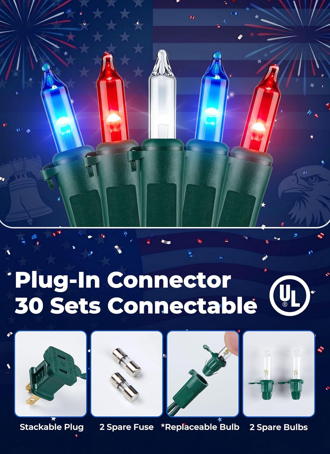 Minetom LED Christmas String Lights - 100 Count, 22 Feet, Waterproof Patriotic Mini Lights for 4th of July & Holiday Decor