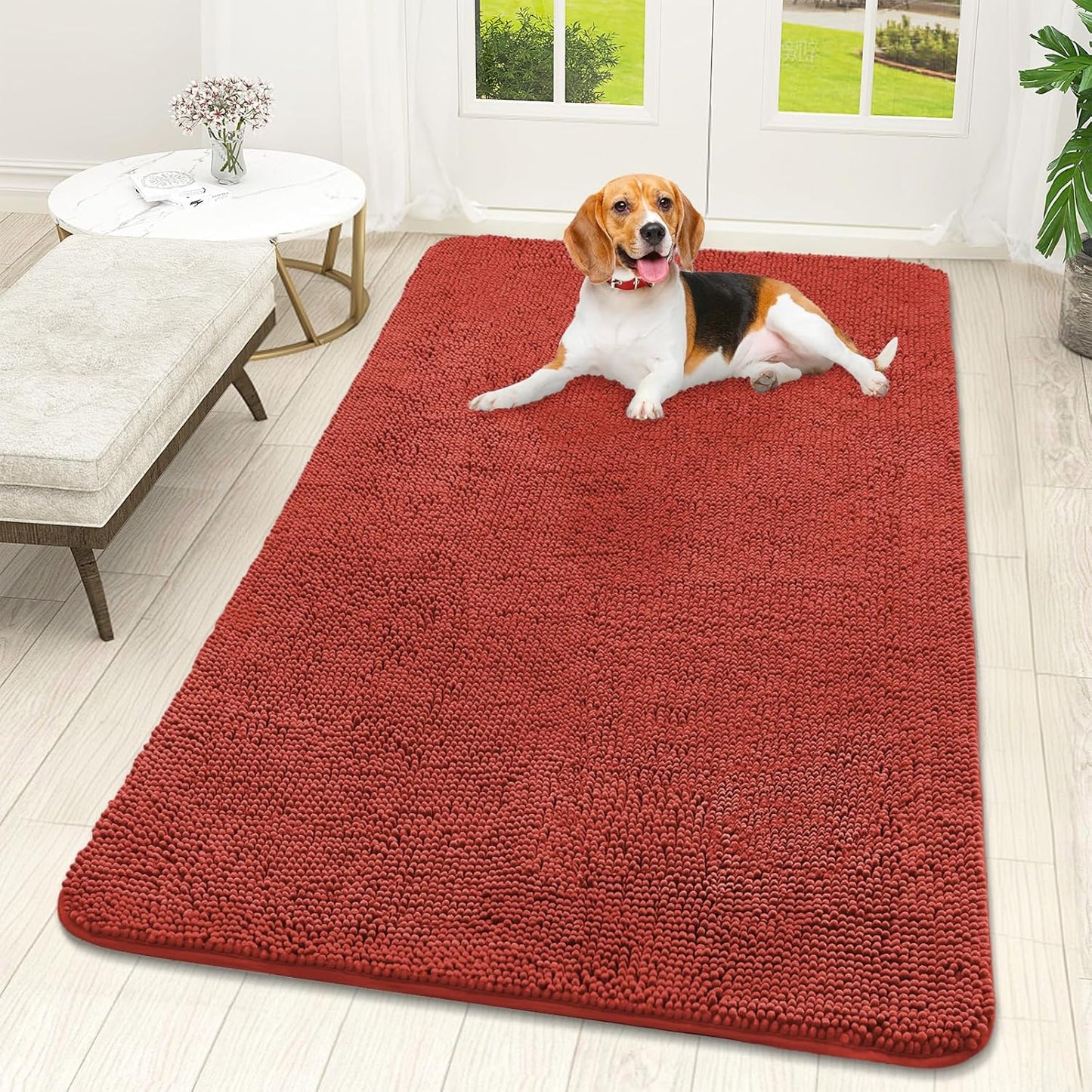 OLANLY Dog Door Mat - Absorbent Non-Slip Chenille Mat for Muddy Paws | 59x32, Quick Dry, Maple Red