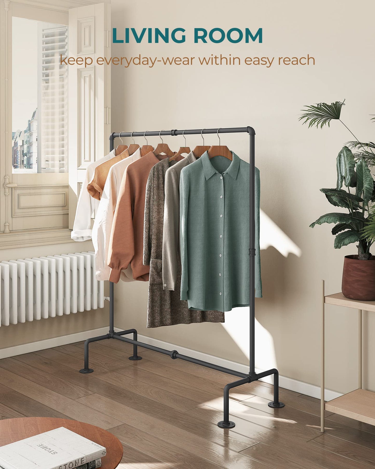 OROPY Industrial Pipe Clothing Rack Free Standing, Heavy Duty Detachable Clothes Rack with 4 Stable Feet for Garment Storage Display, Black