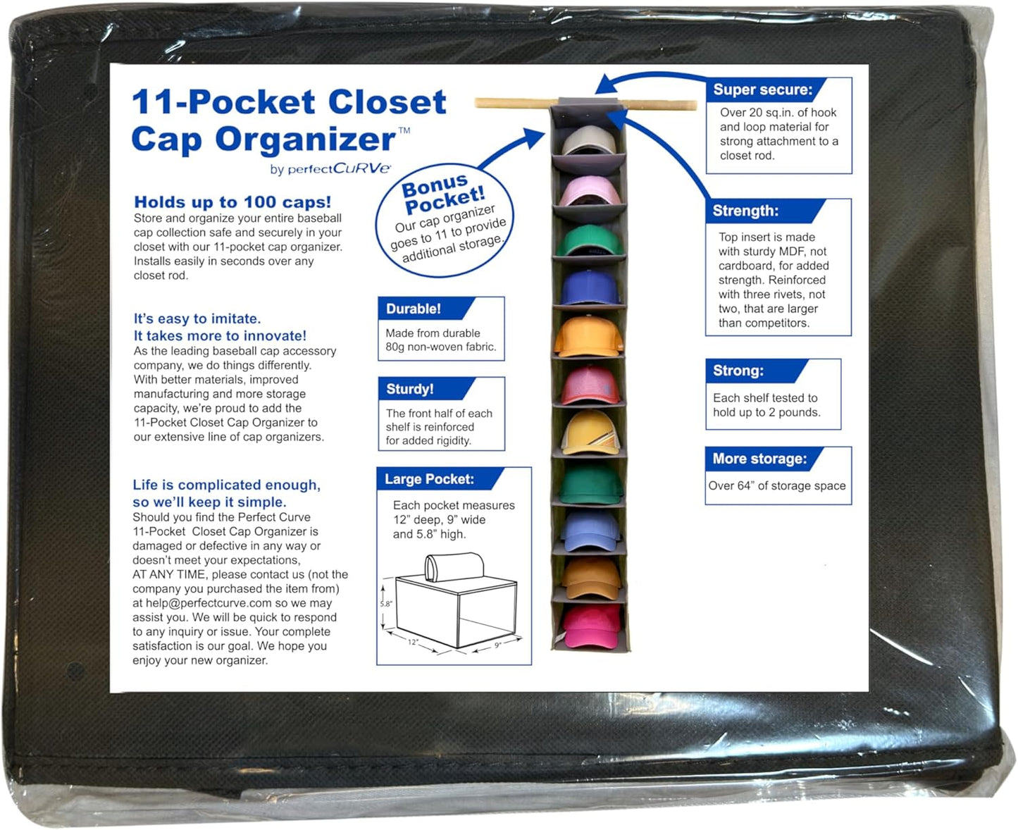 Perfect Curve 11-Pocket Baseball Hat Organizer - Gray Storage Rack for Up to 100 Caps | Versatile Use for Shoes & Towels