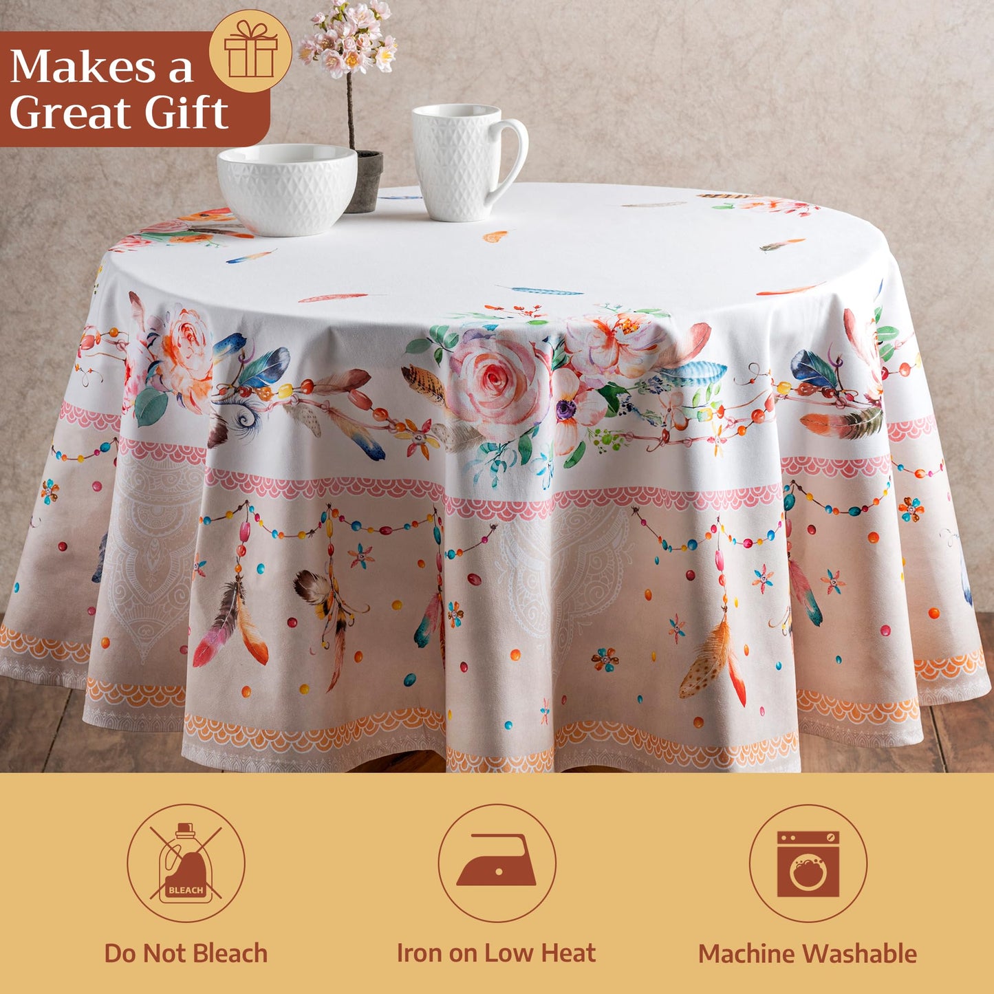 Maison d' Hermine Table Cloth Round Table 100% Cotton 69 Round Inches Tablecloth Reusable Decorative for Dining Kitchen Room Farmhouse Home Gifts for Mothers Day Spring Summer - Ibiza - Beige