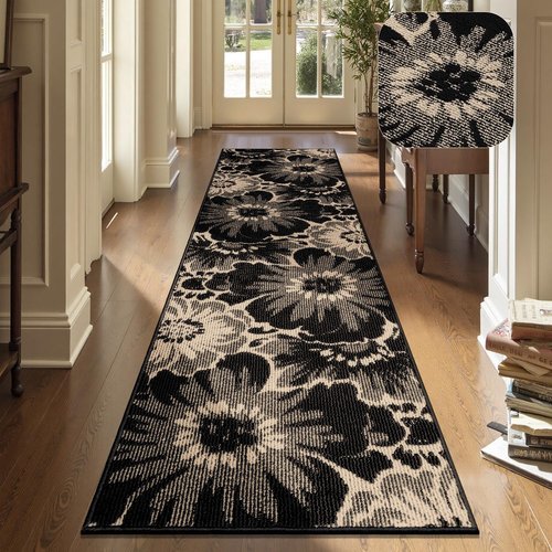 Findosom Hallway Runner Rug - Non-Slip High-Low Textured Floral Design | Washable 2x8 Boho Carpet in Black & Beige
