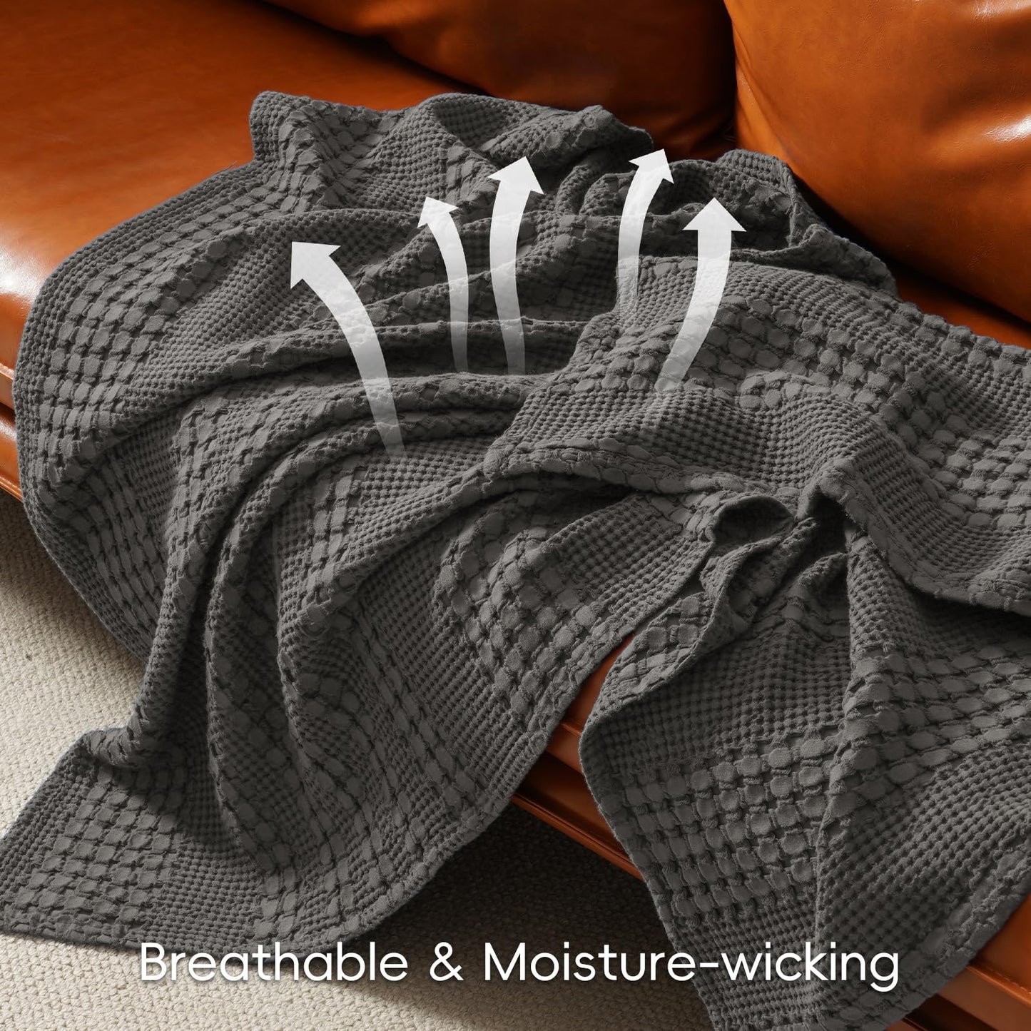 PHF 100% Cotton Waffle Weave Blanket Queen Size, Soft Lightweight Breathable Cozy Summer Blankets for Bed, Luxury Aesthetic Woven Bedding for Home Decor, 90"x90", Charcoal Grey