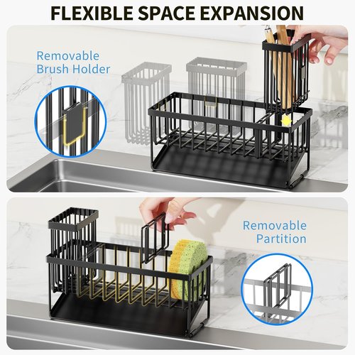 Cisily Sink Caddy - Rustproof Kitchen Organizer with Brush Holder & Self-Draining Tray | Sponge & Soap Storage