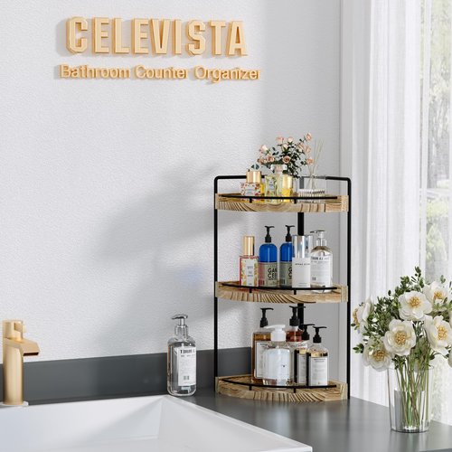 CeleVista Corner Bathroom Counter Organizer, 3 Tier Bathroom Storage Countertop for Skincare, Sink Shelf for Kitchen Decor, Vanity, Dresser, Makeup, Gift(Rustic Brown)