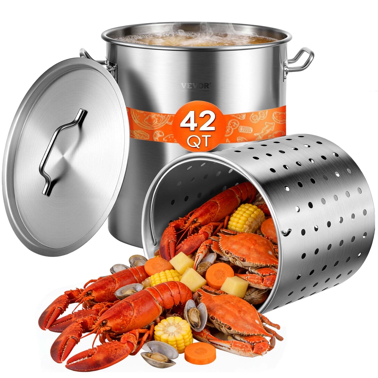 VEVOR Stainless Steel Stockpot, 42 Quart Large Cooking Pots, Cookware Sauce Pot with Strainer, Lid, and Handle, Heavy Duty Commercial Grade Stock Pot, Sanding Treatment, for Large Groups Events Silver