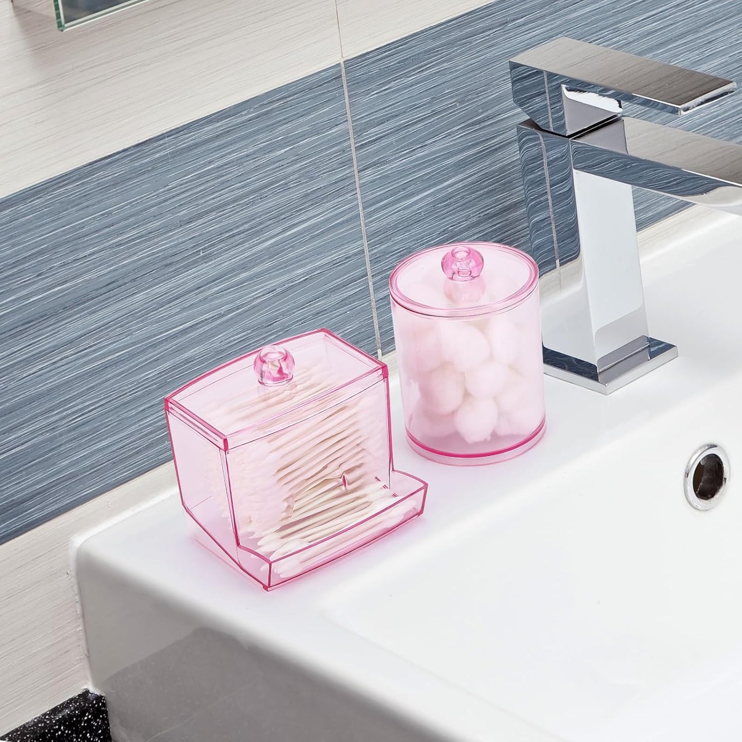 Tbestmax Cotton Swab Dispenser - Stylish Pink Apothecary Jar Organizer for Bathroom | 10 oz Capacity