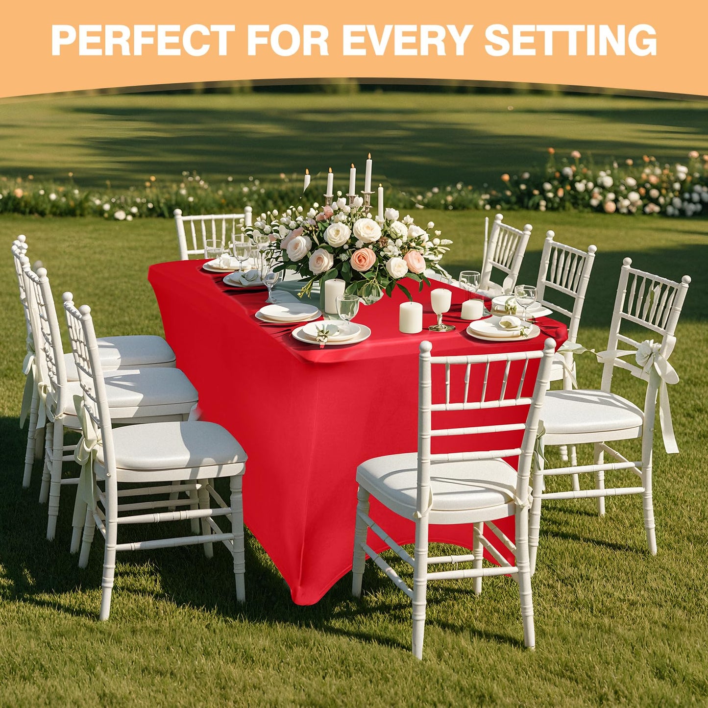 2 Pack 6 Feet Red Spandex Tablecloth for Rectangular Tables, Fitted & Stretch, Washable, Wrinkle Resistant, Perfect for Event, Wedding, Party, Banquet, Cocktail, Festival, and Table Protector
