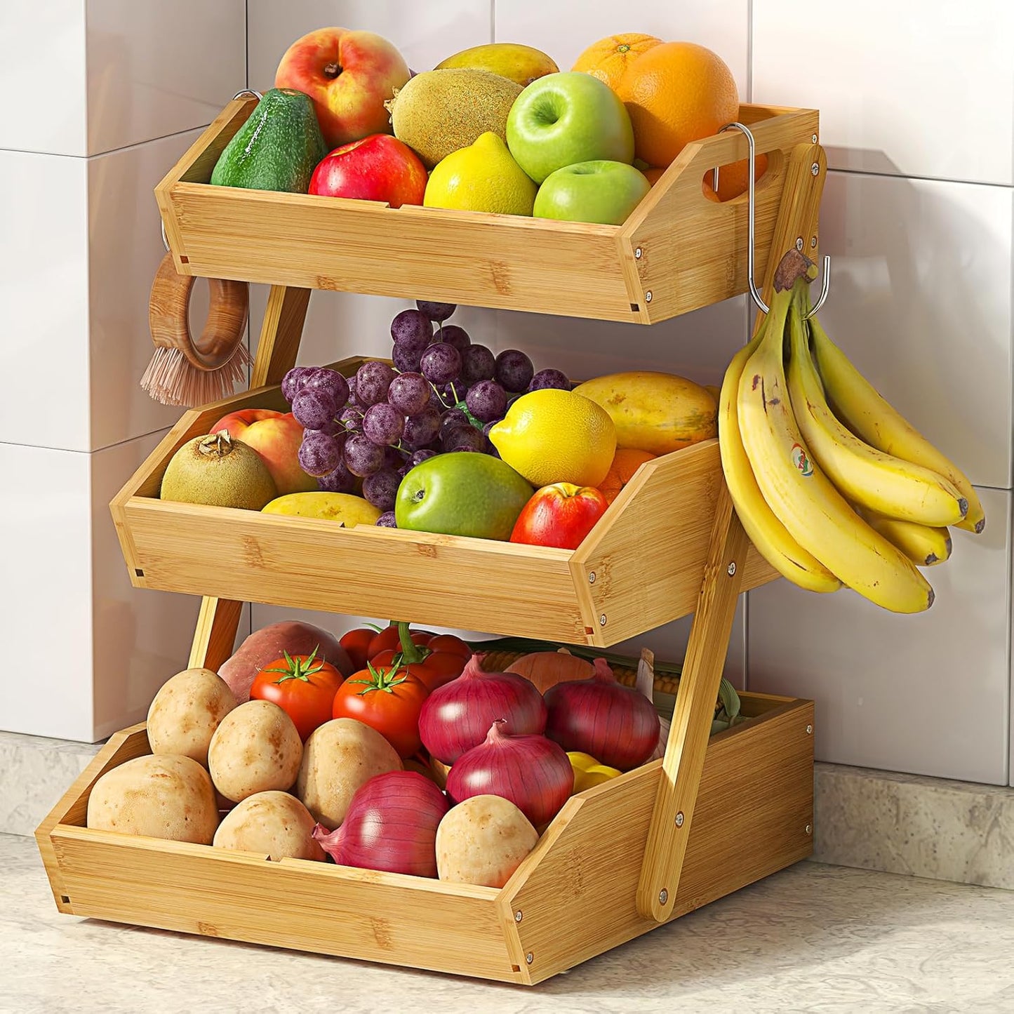 Sevenblue 3-Tier Bamboo Fruit Basket - Large Kitchen Counter Organizer with Banana Holders & Mats