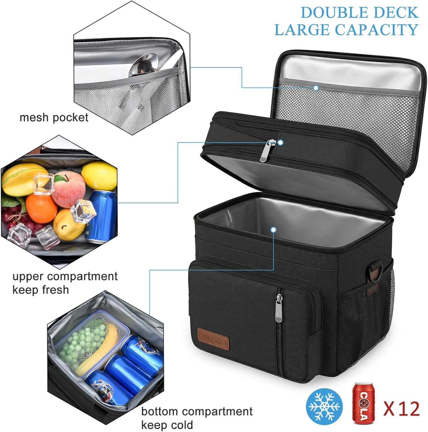 MIYCOO Insulated Lunch Bag - Large Leakproof Cooler for Work, Beach & Travel | Black, 15L