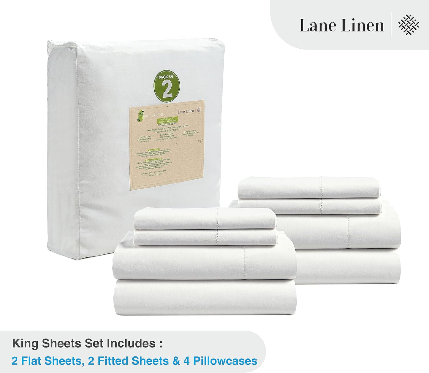 LANE LINEN 100% Organic Cotton King Sheet Set - Breathable Luxury Bedding, 4-Piece White Set with 15" Deep Pockets