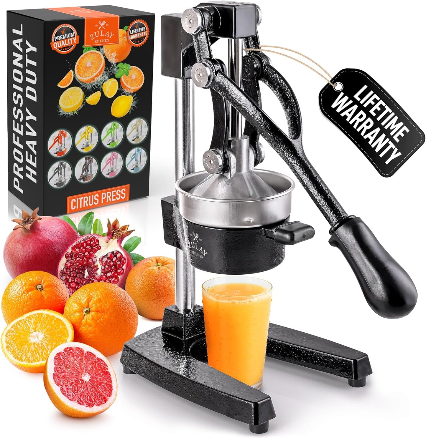 Zulay Kitchen Cast Iron Juicer - Heavy-Duty Manual Citrus Press for Easy Cleaning | Black Stainless Steel